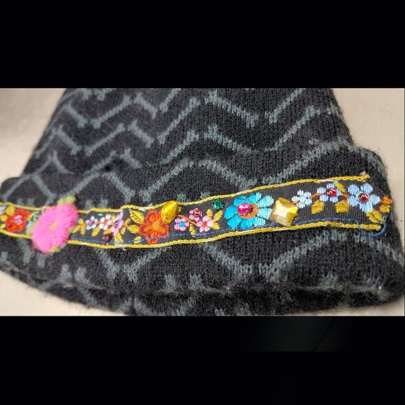 Winter Beanie Jeweled Embroidery, THICK and WARM Acrylic, OOAK Knit Cap Hat - Picture 2 of 9